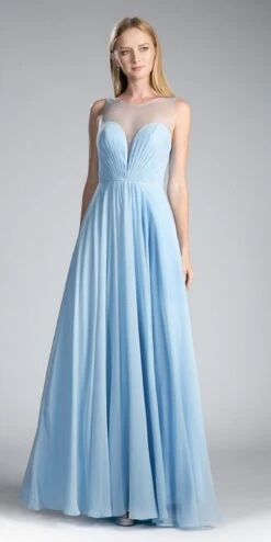 Cinderella Divine CJ251 Long A-Line Chiffon Dress Illusion Neckline(Long A Line Chiffon Dress Blush Illusion Neckline And Open V Back) -Discount Dress Shops CJ251 cinderella divine light blue
