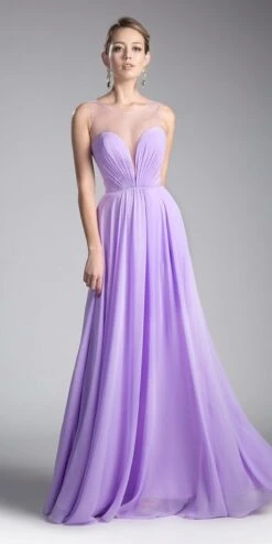 Cinderella Divine CJ251 Long A-Line Chiffon Dress Illusion Neckline(Long A Line Chiffon Dress Blush Illusion Neckline And Open V Back) -Discount Dress Shops CJ251 cinderella divine lilac