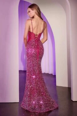 Ladivine CM370 Dress Fitted Sequin Prom Gown(Ladivine Cm370 Dress Fitted Sequin Prom Gown) -Discount Dress Shops CM370 FUCHSIA BACK