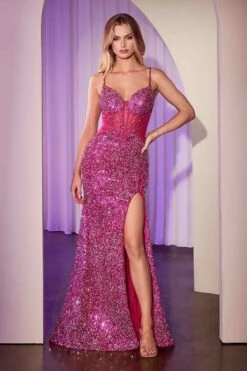 Ladivine CM370 Dress Fitted Sequin Prom Gown(Ladivine Cm370 Dress Fitted Sequin Prom Gown) -Discount Dress Shops CM370 FUCHSIA FRONT
