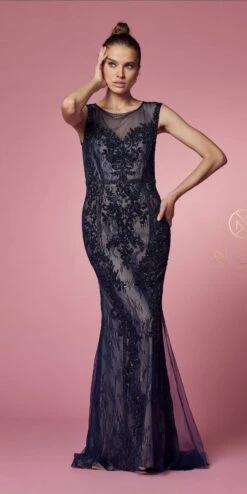Nox Anabel E1006 Fitted Sheath Formal Lace Dress With Illusion Neckline(Fitted Sheath Formal Lace Dress With Illusion Neckline By Nox Anabel E1006) -Discount Dress Shops E1006 NAVYBLUE 3