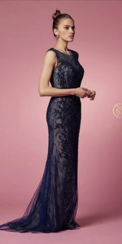 Nox Anabel E1006 Fitted Sheath Formal Lace Dress With Illusion Neckline(Fitted Sheath Formal Lace Dress With Illusion Neckline By Nox Anabel E1006) -Discount Dress Shops E1006 NAVYBLUE 54