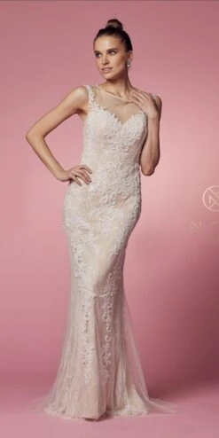Nox Anabel E1006 Fitted Sheath Formal Lace Dress With Illusion Neckline(Fitted Sheath Formal Lace Dress With Illusion Neckline By Nox Anabel E1006) -Discount Dress Shops E1006 WHITE NUDE 12