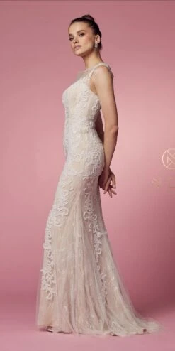 Nox Anabel E1006 Fitted Sheath Formal Lace Dress With Illusion Neckline(Fitted Sheath Formal Lace Dress With Illusion Neckline By Nox Anabel E1006) -Discount Dress Shops E1006 WHITE NUDE 18