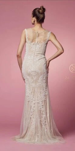 Nox Anabel E1006 Fitted Sheath Formal Lace Dress With Illusion Neckline(Fitted Sheath Formal Lace Dress With Illusion Neckline By Nox Anabel E1006) -Discount Dress Shops E1006 WHITE NUDE 35