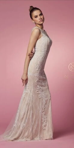 Nox Anabel E1006 Fitted Sheath Formal Lace Dress With Illusion Neckline(Fitted Sheath Formal Lace Dress With Illusion Neckline By Nox Anabel E1006) -Discount Dress Shops E1006 WHITE NUDE 50