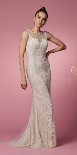 Nox Anabel E1006 Fitted Sheath Formal Lace Dress With Illusion Neckline(Fitted Sheath Formal Lace Dress With Illusion Neckline By Nox Anabel E1006) -Discount Dress Shops E1006 WHITE NUDE 66