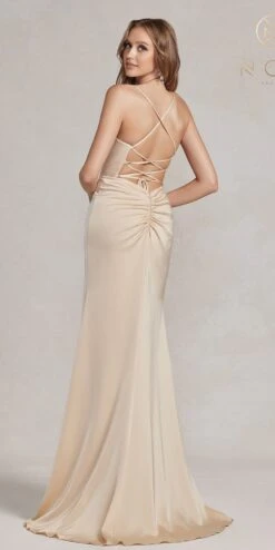 Nox Anabel E1068 Long Fitted Satin Formal Gown With Cowl Neckline(Nox Anabel E1068 Long Fitted Satin Formal Gown With Cowl Neckline) -Discount Dress Shops E1068 CHAMPAGNE 3