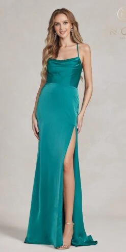 Nox Anabel E1068 Long Fitted Satin Formal Gown With Cowl Neckline(Nox Anabel E1068 Long Fitted Satin Formal Gown With Cowl Neckline) -Discount Dress Shops E1068 GREEN 1