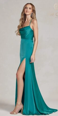 Nox Anabel E1068 Long Fitted Satin Formal Gown With Cowl Neckline(Nox Anabel E1068 Long Fitted Satin Formal Gown With Cowl Neckline) -Discount Dress Shops E1068 GREEN 2