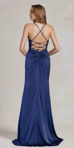 Nox Anabel E1068 Long Fitted Satin Formal Gown With Cowl Neckline(Nox Anabel E1068 Long Fitted Satin Formal Gown With Cowl Neckline) -Discount Dress Shops E1068 NAVYBLUE 3