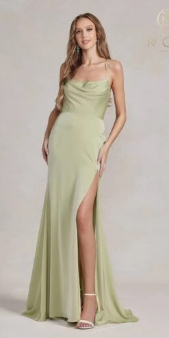 Nox Anabel E1068 Long Fitted Satin Formal Gown With Cowl Neckline(Nox Anabel E1068 Long Fitted Satin Formal Gown With Cowl Neckline) -Discount Dress Shops E1068 SAGE 1