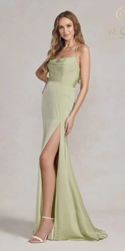 Nox Anabel E1068 Long Fitted Satin Formal Gown With Cowl Neckline(Nox Anabel E1068 Long Fitted Satin Formal Gown With Cowl Neckline) -Discount Dress Shops E1068 SAGE 2