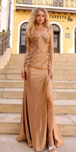 Nox Anabel E1238 Floor Length Sweep Train Satin Corset Bustier Dress(Nox Anabel E1238 Floor Length Sweep Train Satin Corset Bustier Dress) -Discount Dress Shops E1238GOLD 2