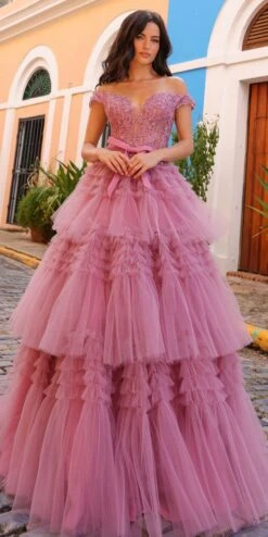 Nox Anabel E1293 Long Off The Shoulder Sweetheart Ruffled Tiered Tulle Gown(Nox Anabel E1293 Long Off The Shoulder Sweetheart Ruffled Tiered Tulle Gown)