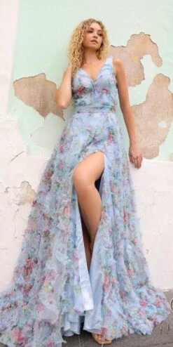 Nox Anabel E1445 Long A-Line V-Neck Floral Print Evening Gown(Nox Anabel E1445 Long A Line V Neck Floral Print Evening Gown)
