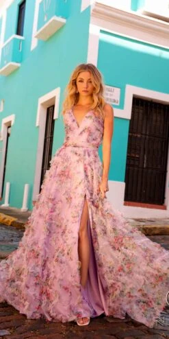 Nox Anabel E1445 Long A-Line V-Neck Floral Print Evening Gown(Nox Anabel E1445 Long A Line V Neck Floral Print Evening Gown) -Discount Dress Shops E1445LILACFLORAL 1