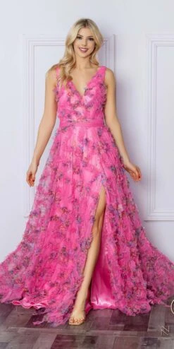 Nox Anabel E1445 Long A-Line V-Neck Floral Print Evening Gown(Nox Anabel E1445 Long A Line V Neck Floral Print Evening Gown) -Discount Dress Shops E1445 FUCHSIA 1
