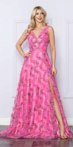 Nox Anabel E1445 Long A-Line V-Neck Floral Print Evening Gown(Nox Anabel E1445 Long A Line V Neck Floral Print Evening Gown) -Discount Dress Shops E1445 FUCHSIA 4