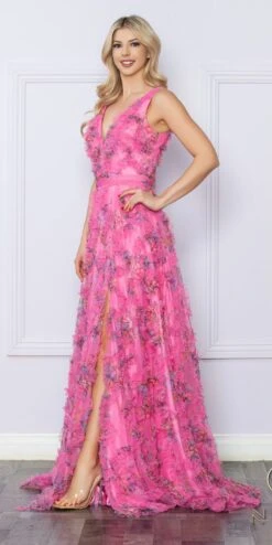 Nox Anabel E1445 Long A-Line V-Neck Floral Print Evening Gown(Nox Anabel E1445 Long A Line V Neck Floral Print Evening Gown) -Discount Dress Shops E1445 FUCHSIA 6
