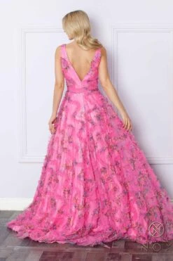 Nox Anabel E1445 Long A-Line V-Neck Floral Print Evening Gown(Nox Anabel E1445 Long A Line V Neck Floral Print Evening Gown) -Discount Dress Shops E1445 FUCHSIA 7