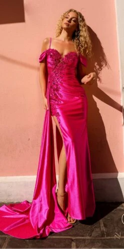Nox Anabel E1451 Long Off The Shoulder Fitted Column Satin Dress(Nox Anabel E1451 Long Off The Shoulder Fitted Column Satin Dress) -Discount Dress Shops E1451PINK 5