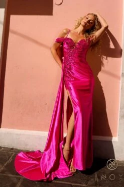 Nox Anabel E1451 Long Off The Shoulder Fitted Column Satin Dress(Nox Anabel E1451 Long Off The Shoulder Fitted Column Satin Dress) -Discount Dress Shops E1451PINK 7