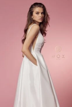Nox Anabel E156W Long A-Line Dress V-Neck With Pockets(Nox Anabel E156 Long A Line Dress V Neck And Back With Pockets) -Discount Dress Shops E156W WHITE 68