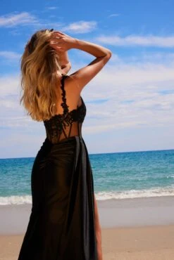 Nox Anabel E1711 Sheer Corset Beaded Applique Dress With Slit(Nox Anabel E1711 Sheer Corset Beaded Applique Dress With Slit) -Discount Dress Shops E1711BLACK 12