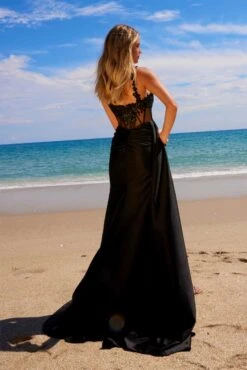 Nox Anabel E1711 Sheer Corset Beaded Applique Dress With Slit(Nox Anabel E1711 Sheer Corset Beaded Applique Dress With Slit) -Discount Dress Shops E1711BLACK 13