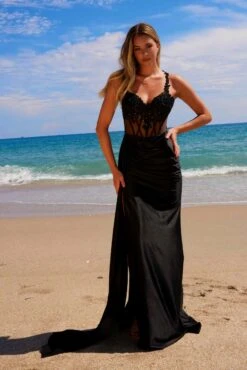 Nox Anabel E1711 Sheer Corset Beaded Applique Dress With Slit(Nox Anabel E1711 Sheer Corset Beaded Applique Dress With Slit) -Discount Dress Shops E1711BLACK 2