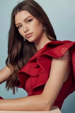 Nox Anabel E467 Long Sheath One Shoulder Ruffle Overlay Strap Gown(Long Sheath One Shoulder Ruffle Overlay Strap Gown By Nox Anabel E467) -Discount Dress Shops E467 RED 71