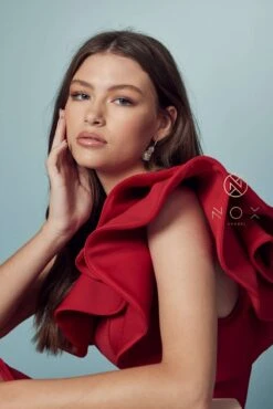 Nox Anabel E467 Long Sheath One Shoulder Ruffle Overlay Strap Gown(Long Sheath One Shoulder Ruffle Overlay Strap Gown By Nox Anabel E467) -Discount Dress Shops E467 RED 76