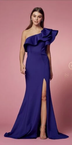 Nox Anabel E467 Long Sheath One Shoulder Ruffle Overlay Strap Gown(Long Sheath One Shoulder Ruffle Overlay Strap Gown By Nox Anabel E467) -Discount Dress Shops E467 ROYALBLUE 9