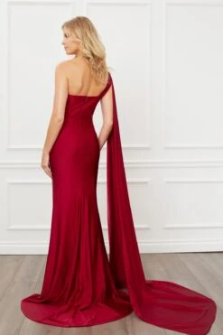 Nox Anabel E475 Long One Shoulder Drape Sleeve Sheath Gown(Long One Shoulder Drape Sleeve Sheath Burgundy Gown) -Discount Dress Shops E475 nox anabel burgundy back