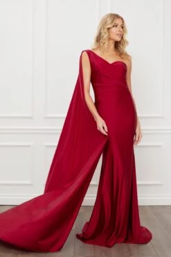 Nox Anabel E475 Long One Shoulder Drape Sleeve Sheath Gown(Long One Shoulder Drape Sleeve Sheath Burgundy Gown) -Discount Dress Shops E475 nox anabel burgundy side