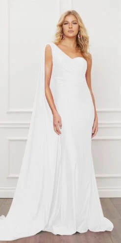 Nox Anabel E475 Long One Shoulder Drape Sleeve Sheath Gown(Long One Shoulder Drape Sleeve Sheath Burgundy Gown) -Discount Dress Shops E475 nox anabel white