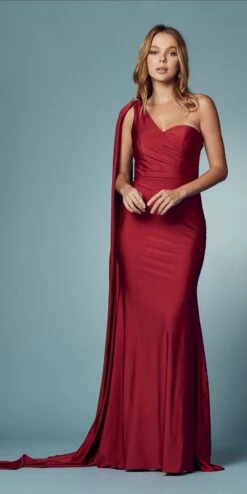 Nox Anabel E475 Long One Shoulder Drape Sleeve Sheath Gown(Long One Shoulder Drape Sleeve Sheath Burgundy Gown) -Discount Dress Shops E475 BURGUNDY 17