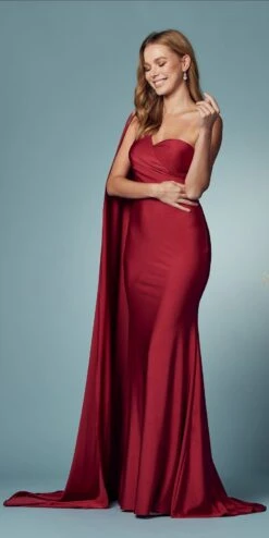 Nox Anabel E475 Long One Shoulder Drape Sleeve Sheath Gown(Long One Shoulder Drape Sleeve Sheath Burgundy Gown) -Discount Dress Shops E475 BURGUNDY 33