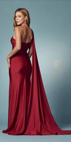 Nox Anabel E475 Long One Shoulder Drape Sleeve Sheath Gown(Long One Shoulder Drape Sleeve Sheath Burgundy Gown) -Discount Dress Shops E475 BURGUNDY 41