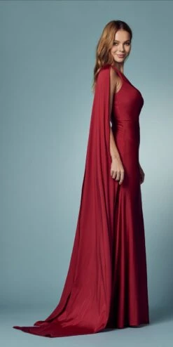 Nox Anabel E475 Long One Shoulder Drape Sleeve Sheath Gown(Long One Shoulder Drape Sleeve Sheath Burgundy Gown) -Discount Dress Shops E475 BURGUNDY 50