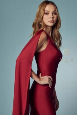 Nox Anabel E475 Long One Shoulder Drape Sleeve Sheath Gown(Long One Shoulder Drape Sleeve Sheath Burgundy Gown) -Discount Dress Shops E475 BURGUNDY 60