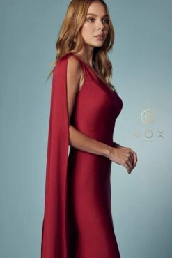 Nox Anabel E475 Long One Shoulder Drape Sleeve Sheath Gown(Long One Shoulder Drape Sleeve Sheath Burgundy Gown) -Discount Dress Shops E475 BURGUNDY 64