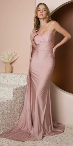 Nox Anabel E475 Long One Shoulder Drape Sleeve Sheath Gown(Long One Shoulder Drape Sleeve Sheath Burgundy Gown)