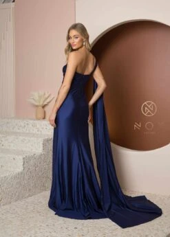 Nox Anabel E475 Long One Shoulder Drape Sleeve Sheath Gown(Long One Shoulder Drape Sleeve Sheath Burgundy Gown) -Discount Dress Shops E475 NAVYBLUE 2