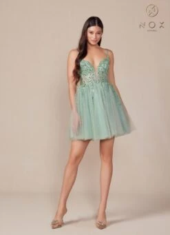 Nox Anabel E902 Short A-Line Applique Sleeveless Homecoming Dress(Nox Anabel E902 Short A Line Applique Sleeveless Homecoming Dress) -Discount Dress Shops E902 nox anabel sage green