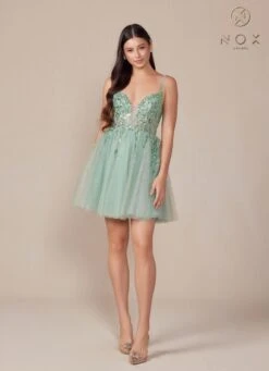 Nox Anabel E902 Short A-Line Applique Sleeveless Homecoming Dress(Nox Anabel E902 Short A Line Applique Sleeveless Homecoming Dress) -Discount Dress Shops E902 nox anabel sage green 2