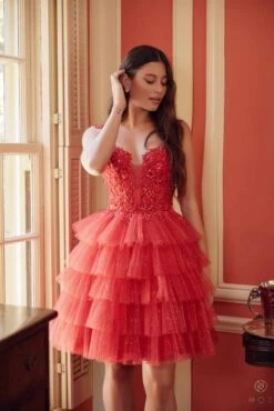 Nox Anabel E904 Short Tiered Ruffled A-Line Gown(Nox Anabel E904 Short Tiered Ruffled A Line Gown) -Discount Dress Shops E904 RED 15
