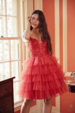 Nox Anabel E904 Short Tiered Ruffled A-Line Gown(Nox Anabel E904 Short Tiered Ruffled A Line Gown) -Discount Dress Shops E904 RED 51