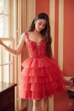 Nox Anabel E904 Short Tiered Ruffled A-Line Gown(Nox Anabel E904 Short Tiered Ruffled A Line Gown) -Discount Dress Shops E904 RED 9